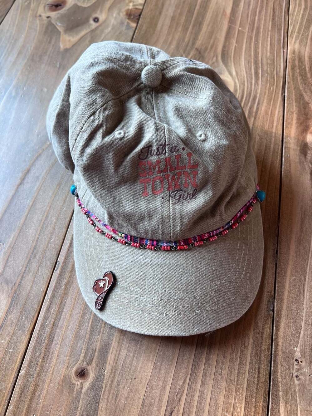 Just a Small Town Girl Embroidered Baseball Cap with Beaded Brim and Cowboy Hat
